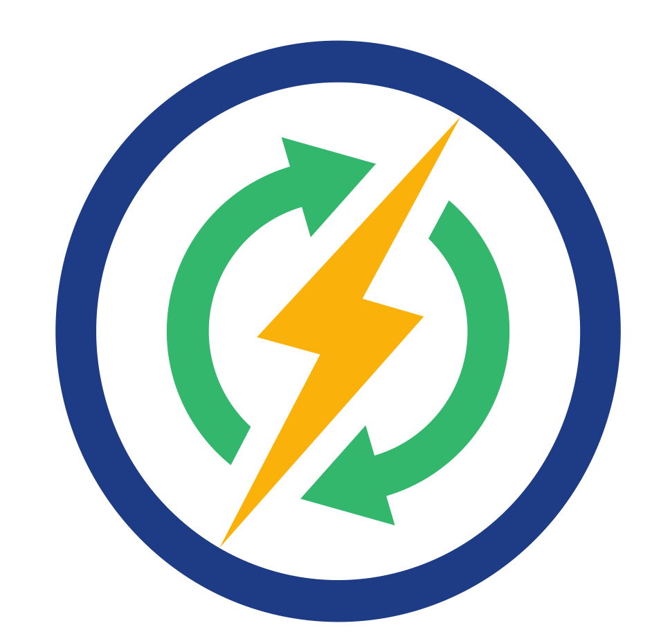 Ergoniq mark: a blue circle around a gold lightning bolt and two green arrows