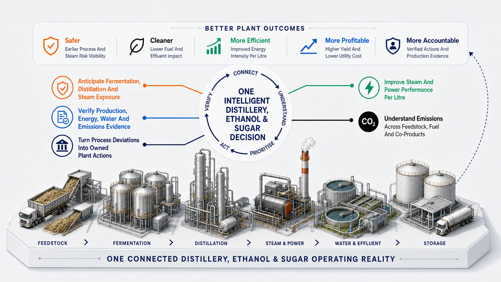 Distilleries, Ethanol & Sugar connected intelligence infographic showing better plant outcomes, five intelligence lenses and one connected operating reality