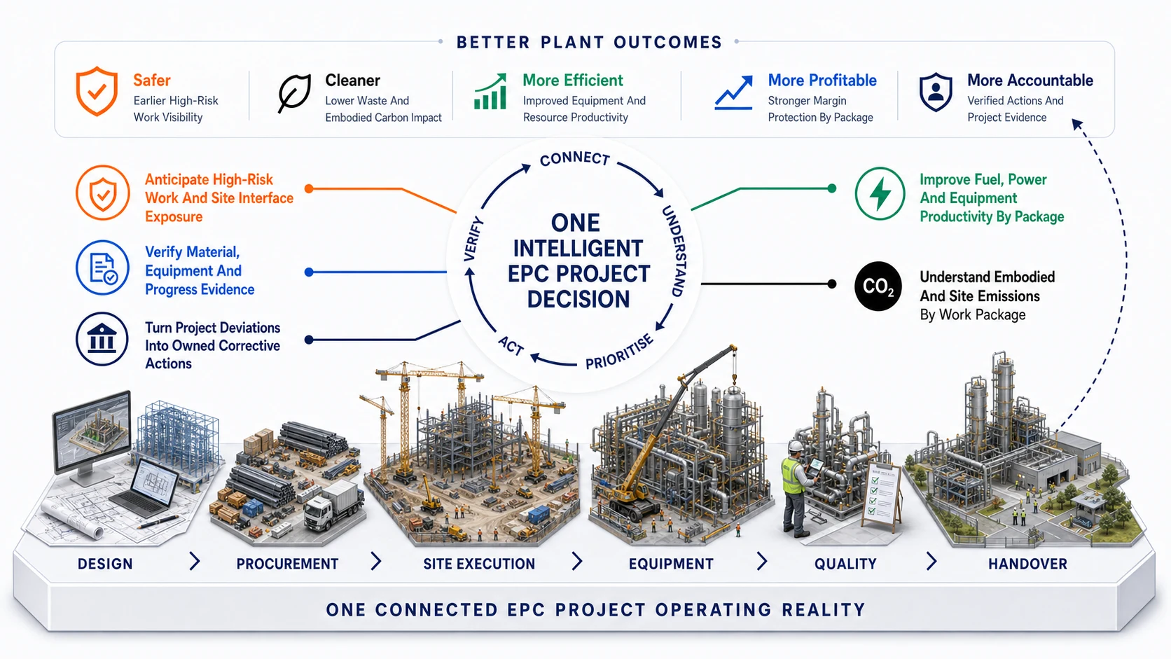 EPC & Large Projects connected intelligence infographic showing better plant outcomes, five intelligence lenses and one connected operating reality