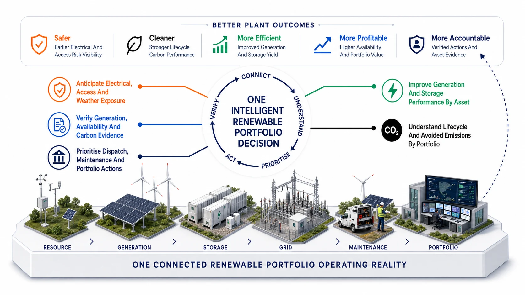 Renewables connected intelligence infographic showing better plant outcomes, five intelligence lenses and one connected operating reality