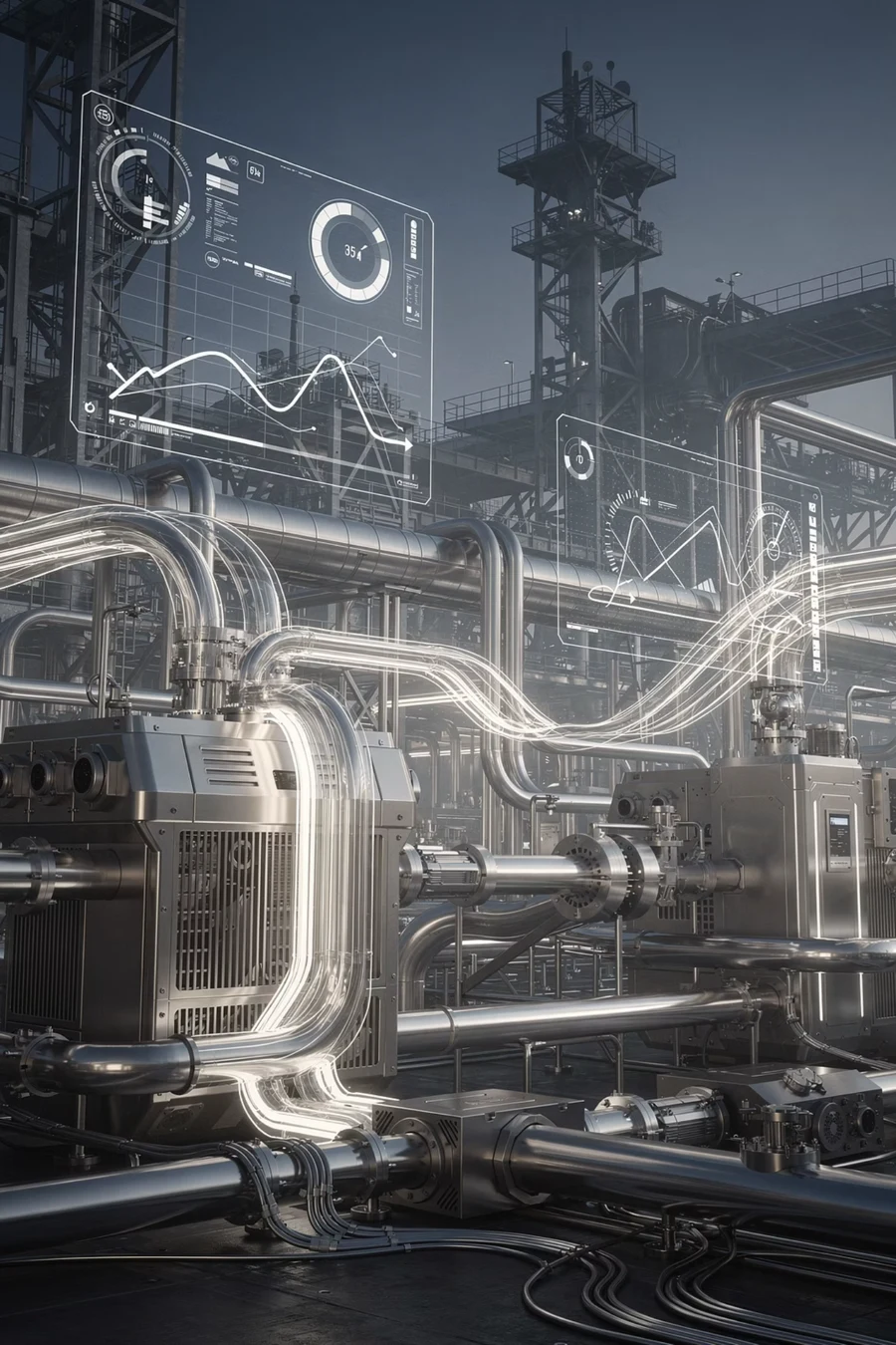 Industrial machinery with energy-flow dashboards and efficiency analytics