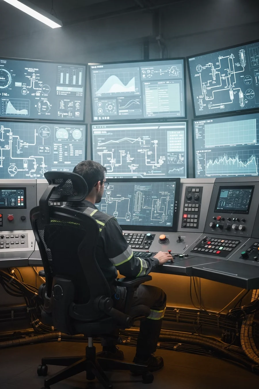 Operators monitoring industrial plant systems in a control room