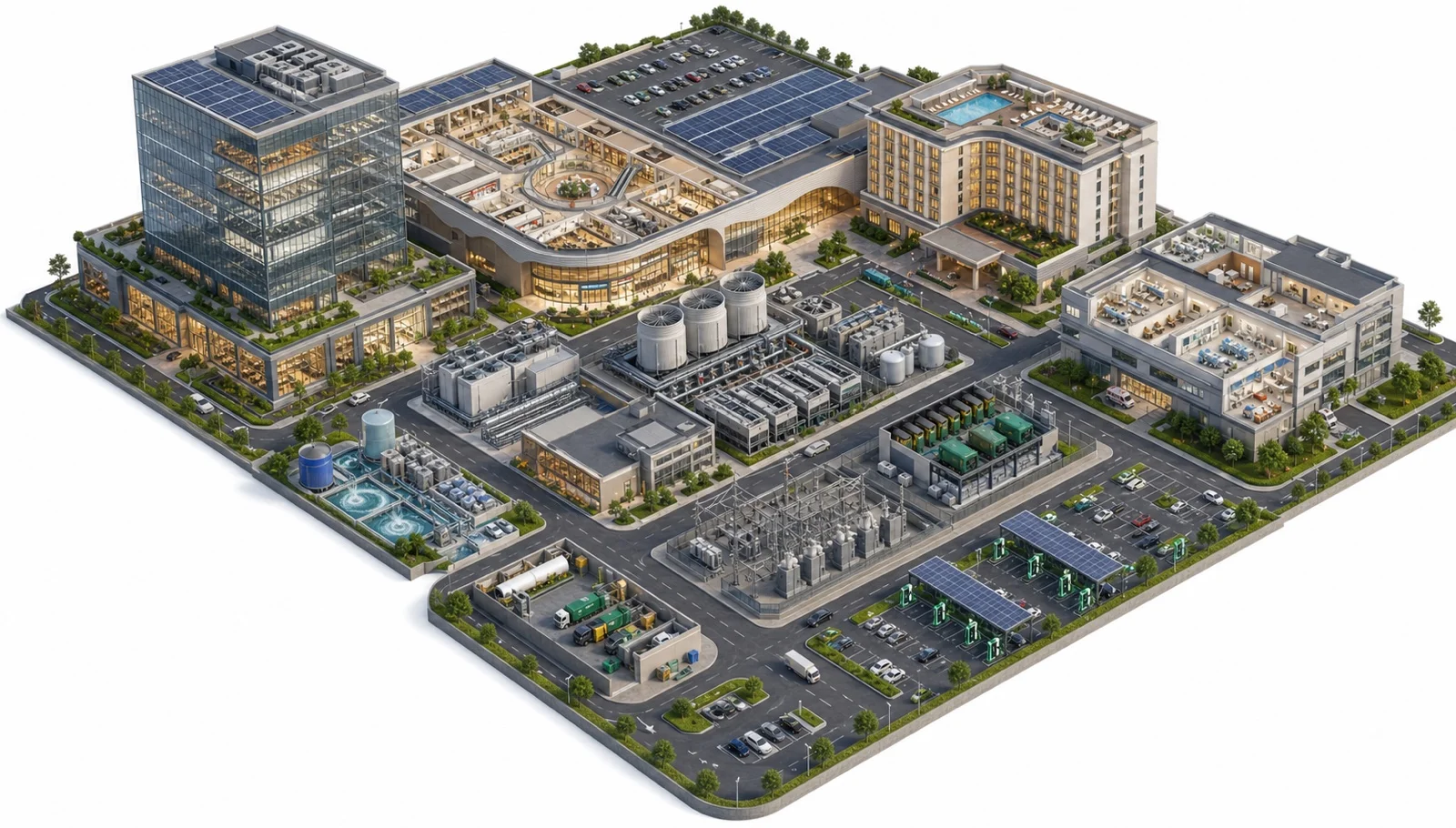 Isometric commercial campus with offices, retail, hotel, healthcare, central utilities, solar, parking and building controls