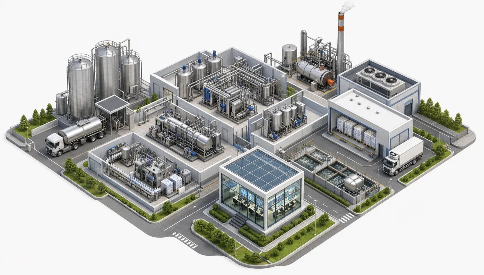 Isometric food and beverage plant with ingredient reception, processing, refrigeration, packaging, utilities and wastewater systems