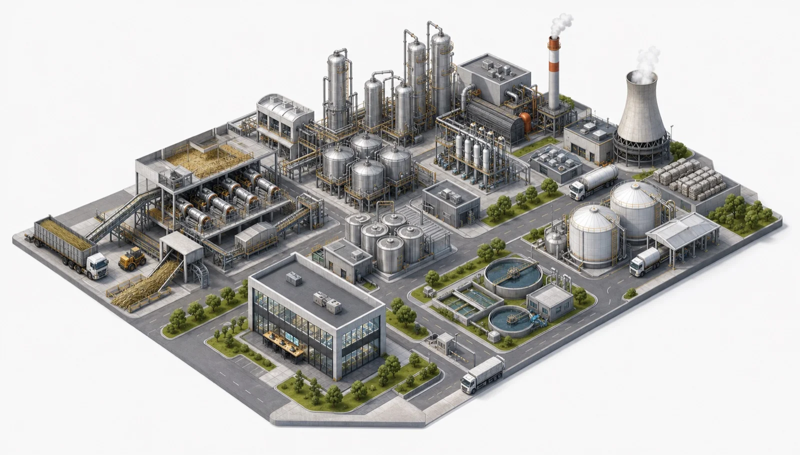 Isometric sugar and ethanol complex with cane handling, fermentation, distillation, utilities and treatment systems