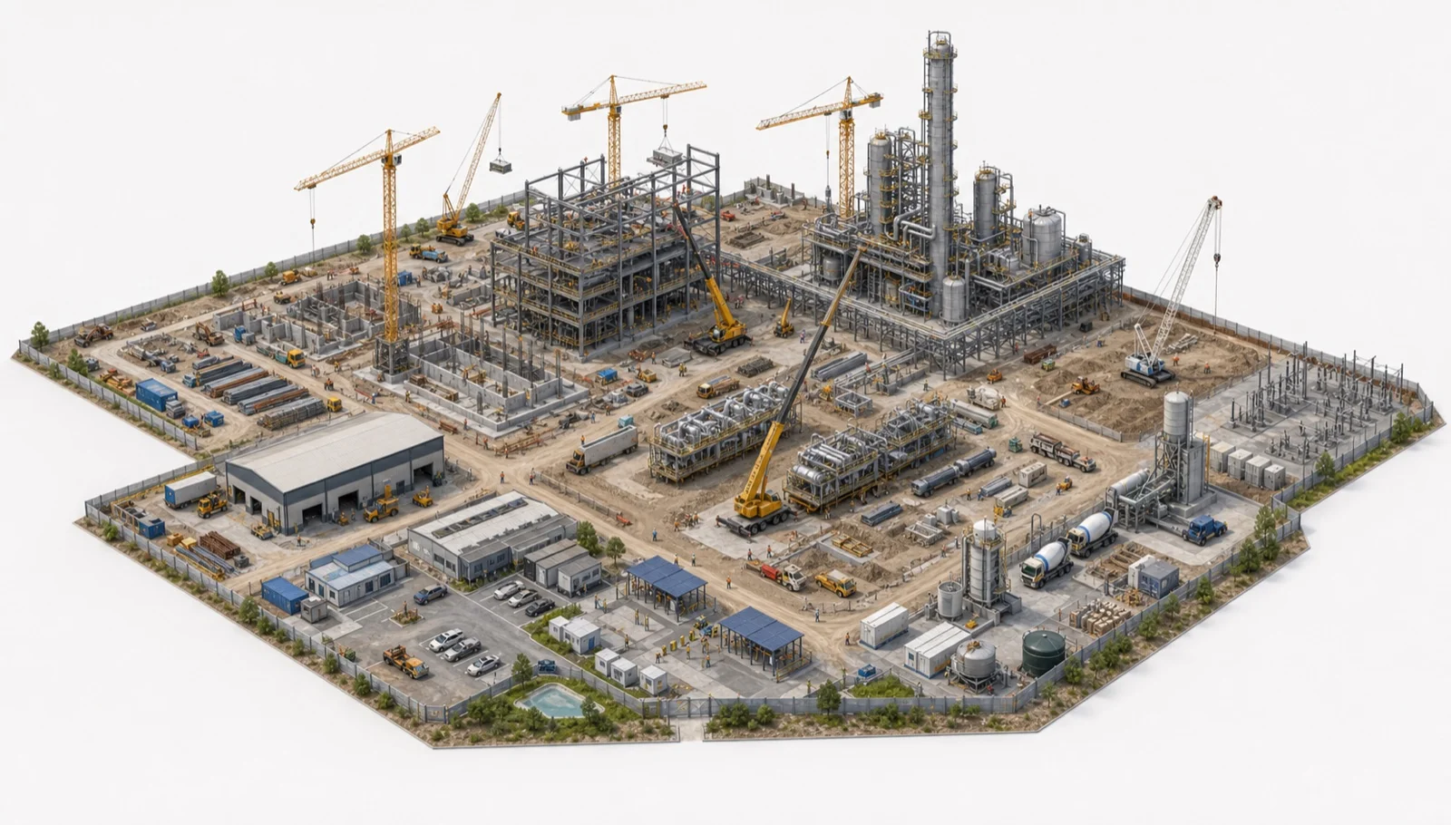 Isometric EPC project with civil works, structural erection, modular installation, temporary utilities and project controls