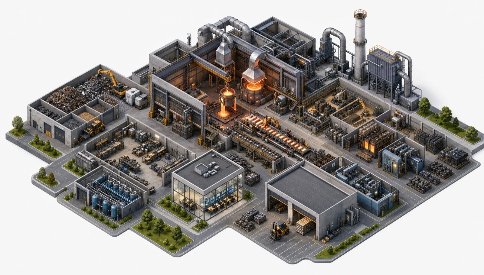 Isometric foundry with scrap preparation, furnaces, casting, finishing, utilities and dust collection