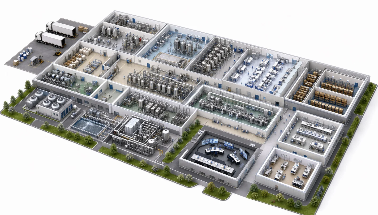 Isometric life sciences manufacturing site with bioreactors, cleanrooms, fill-finish, laboratories, cold storage and clean utilities