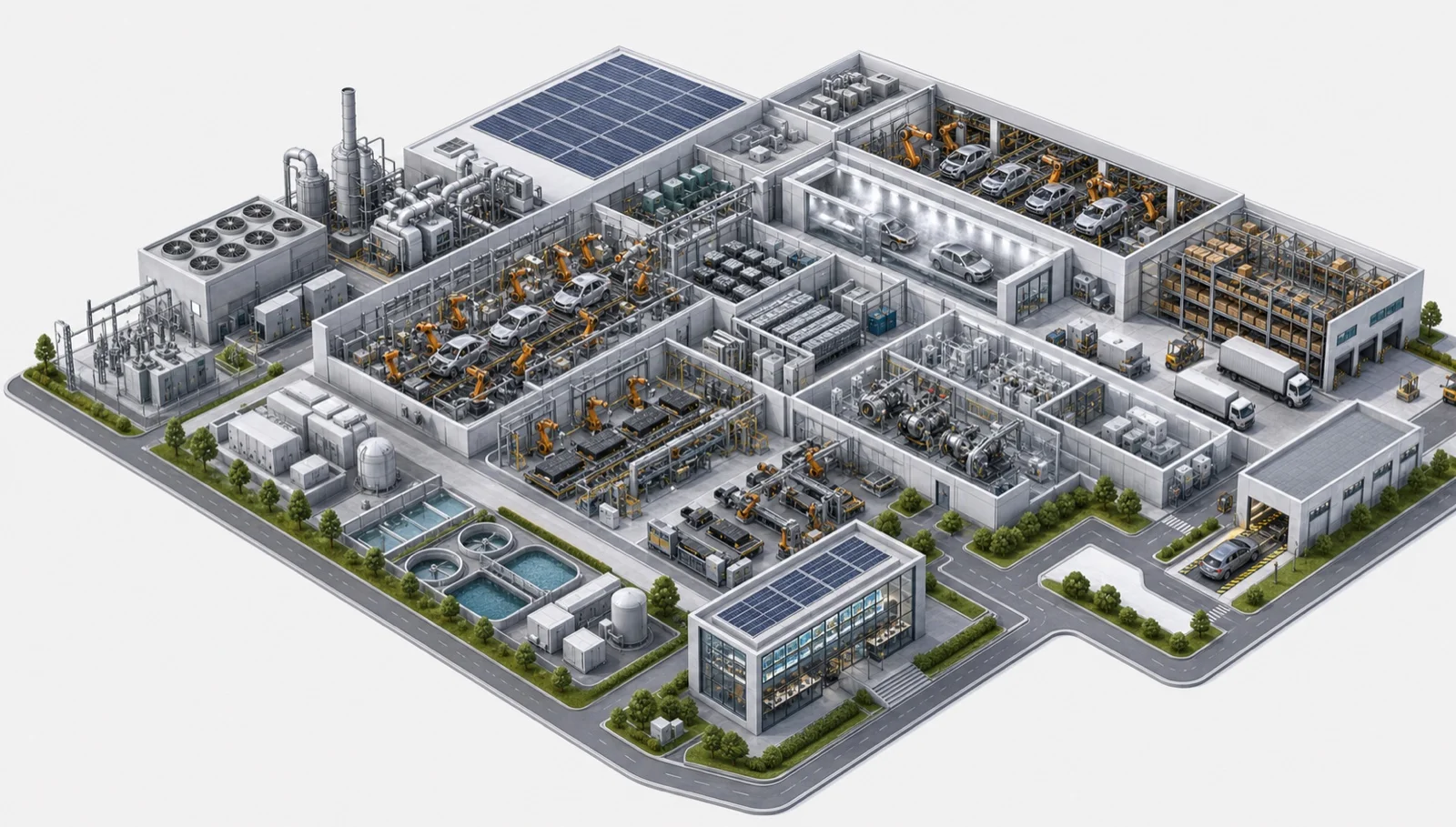 Isometric electric vehicle factory with robotic body line, battery assembly, paint shop, utilities and vehicle testing