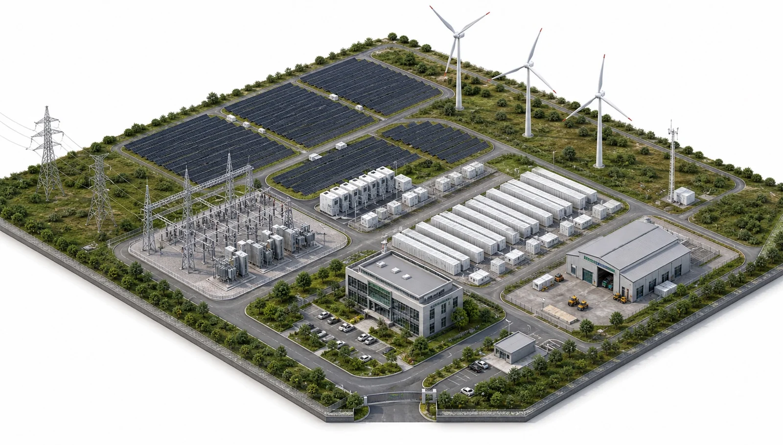 Isometric hybrid renewable energy campus with solar arrays, wind turbines, battery storage, substation and control centre
