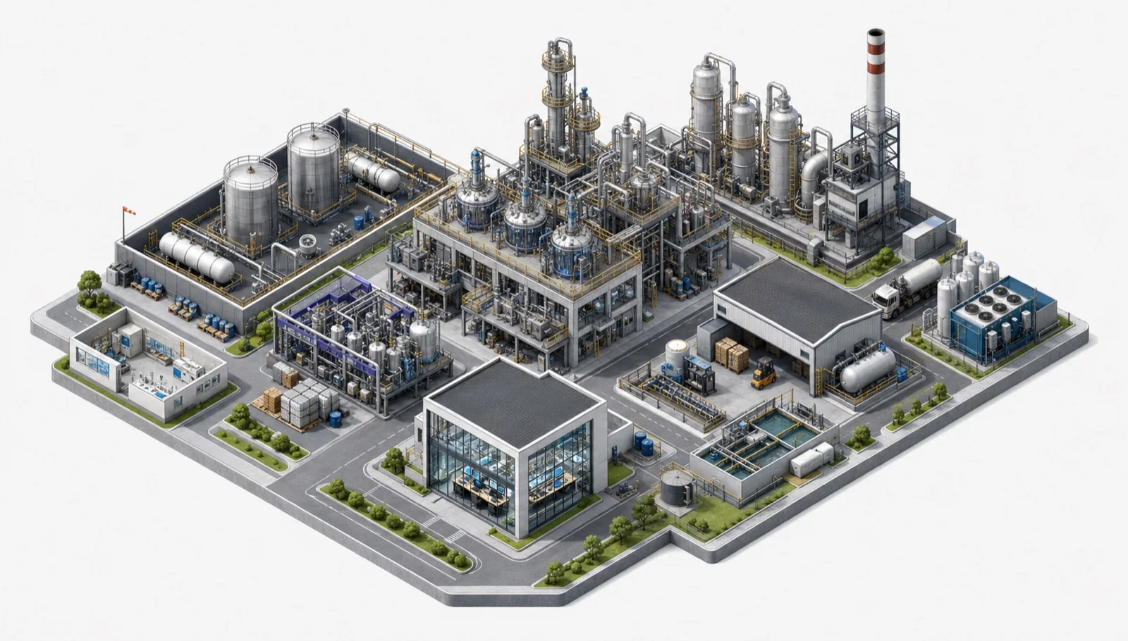 Isometric chemicals plant with reactors, tank farm, solvent recovery, utilities and effluent treatment