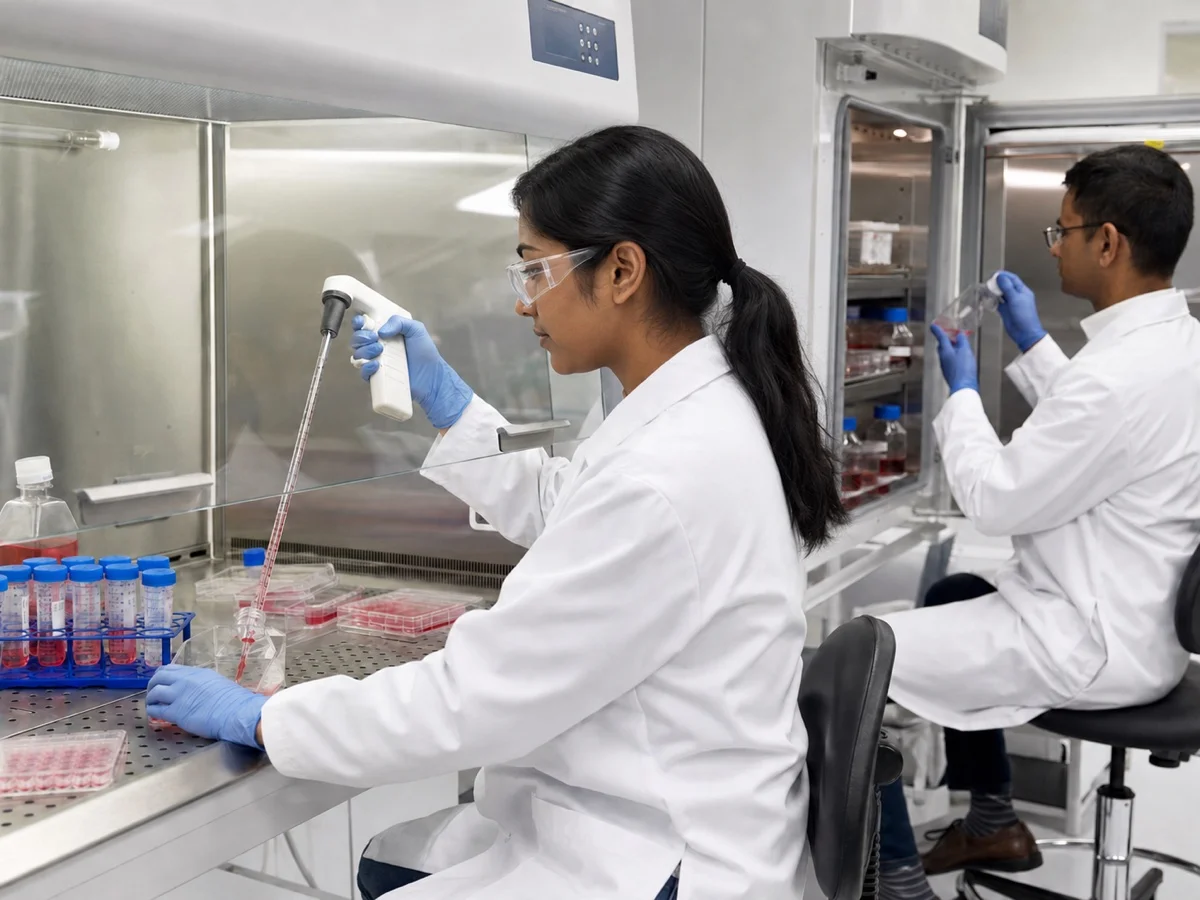 Indian scientists performing tissue culture with media, cell-culture vessels and serological pipettes